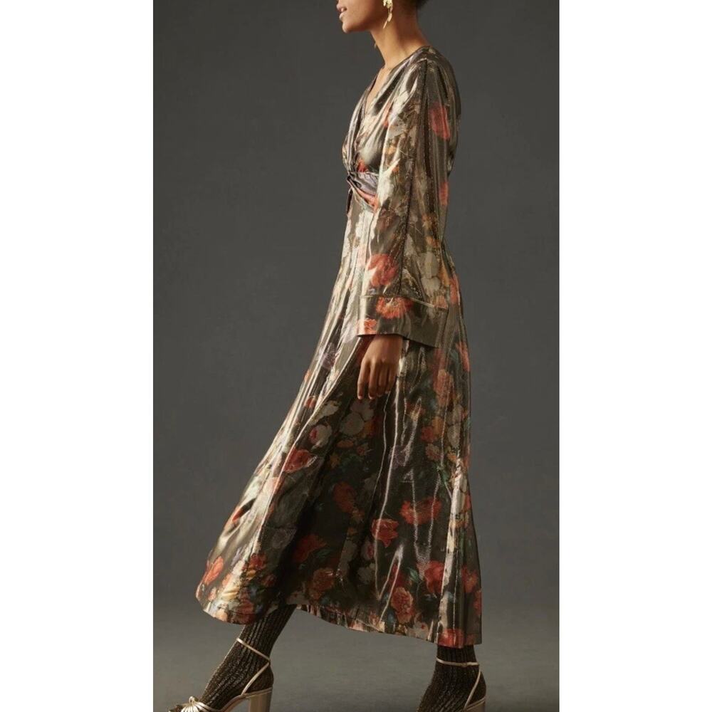 Anthropologie Caballaro Midi Dress Brown Metallic Floral New - Picture 7 of 7